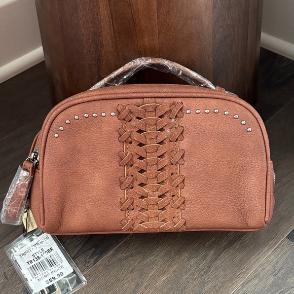 Trinity Ranch Cosmetic/toiletry case,double zipper handle top,braid suede, studs - Picture 1 of 10